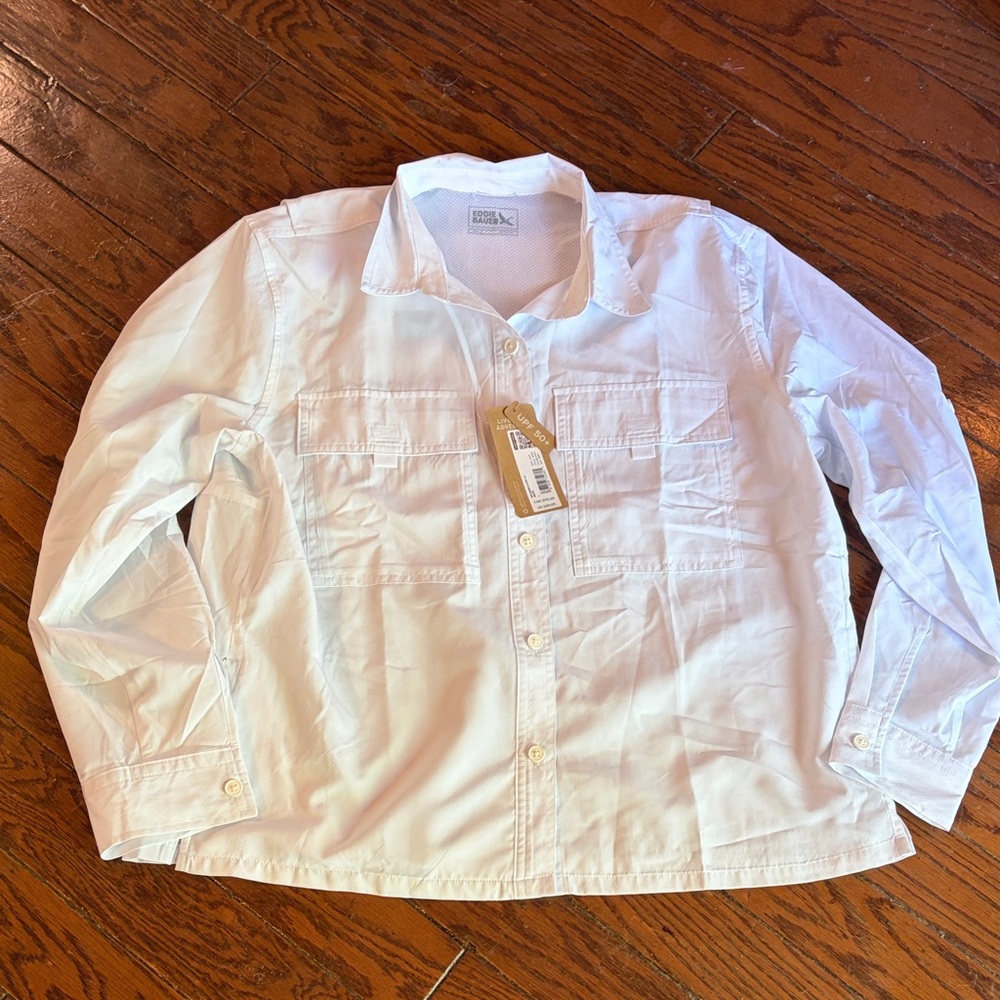 Eddie Bauer White Long-Sleeve Women's Button-Down Utility Shirt SBF 50 Plus. ☀️